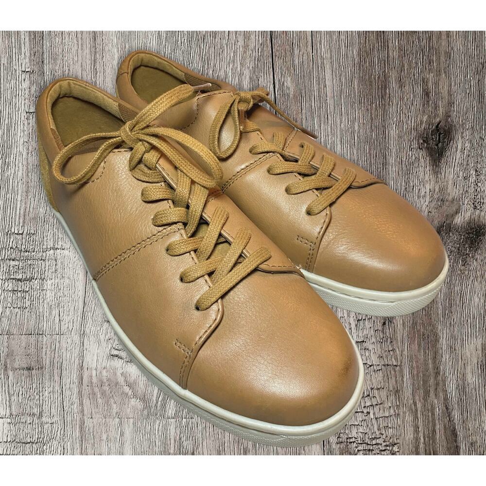 Clark's men's tan sneakers. White soles. Suede on heels. Size 8.5